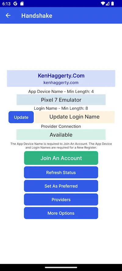 Handshake page with More Options button