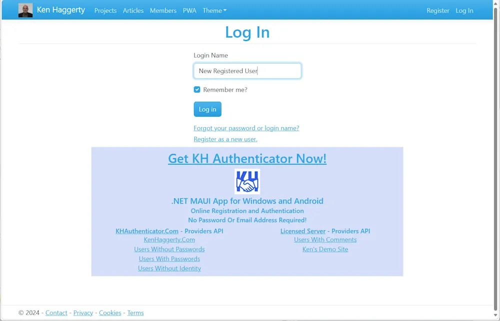 Login page on kenhaggerty.com