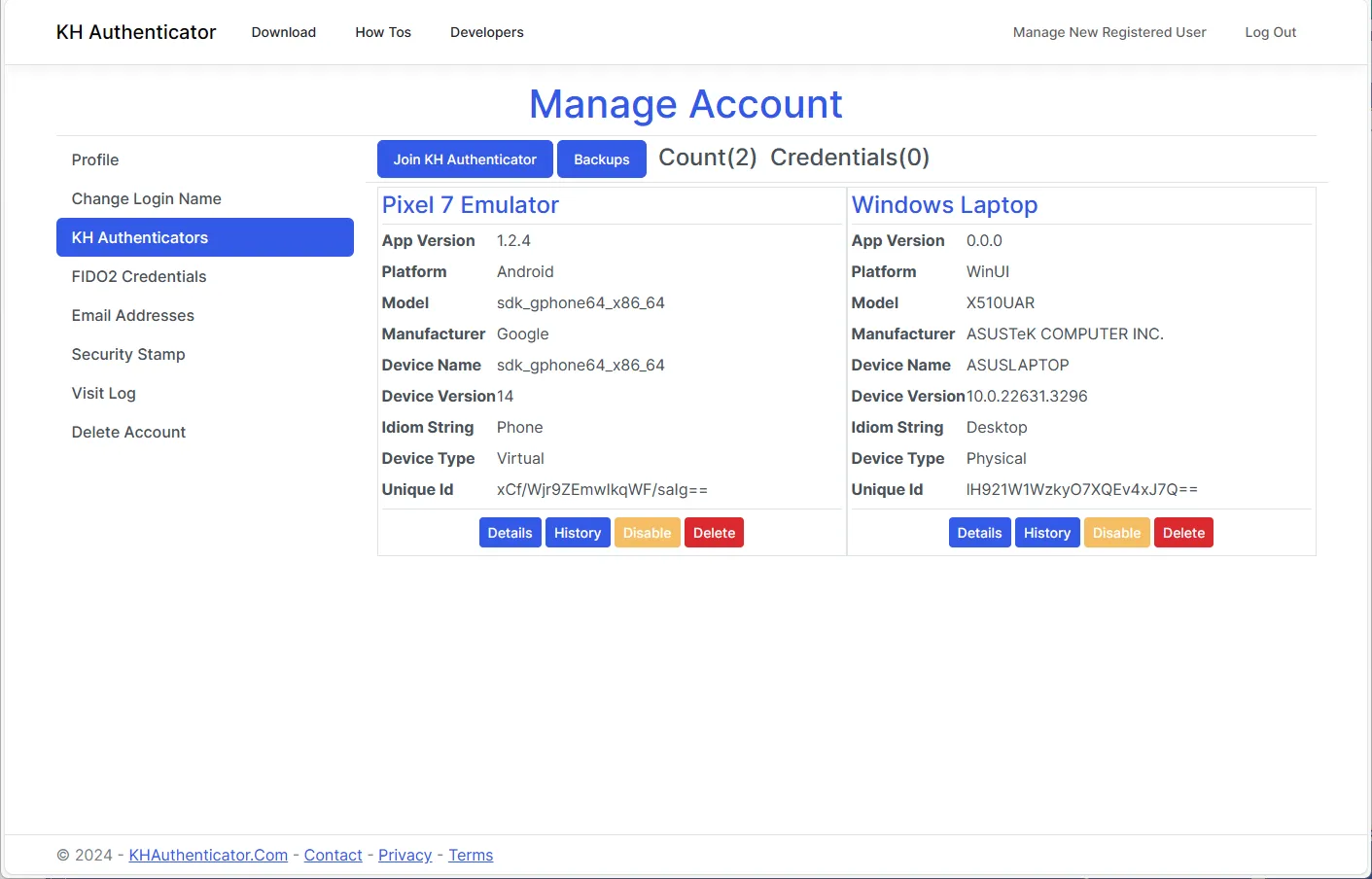 Manage account on khauthenticator.com