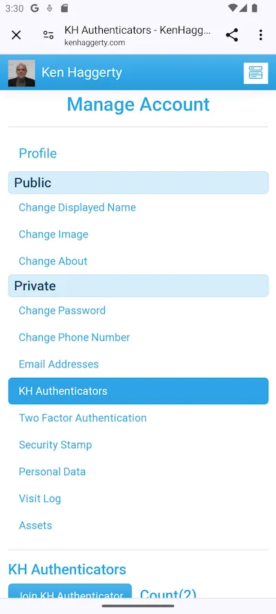 Manage Account - KH Authenticators multiple