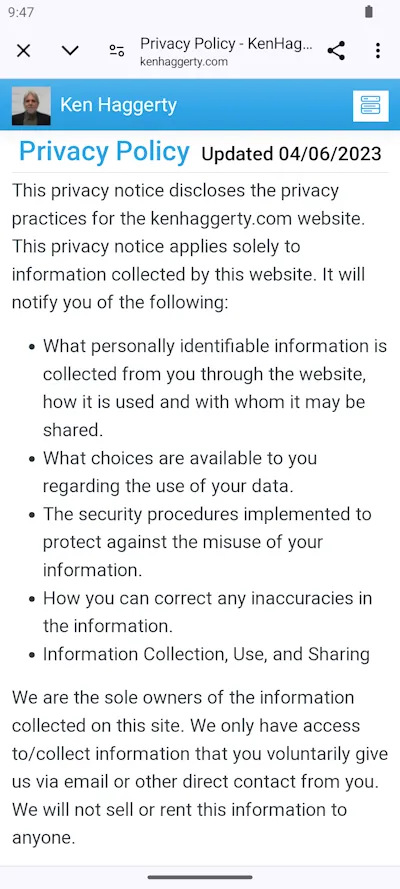 Privacy Policy page on kenhaggerty.com