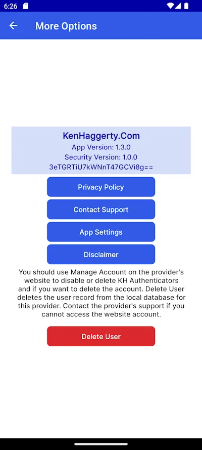 More Options page with Privacy Policy button