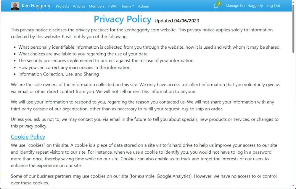 Privacy Policy page on kenhaggerty.com