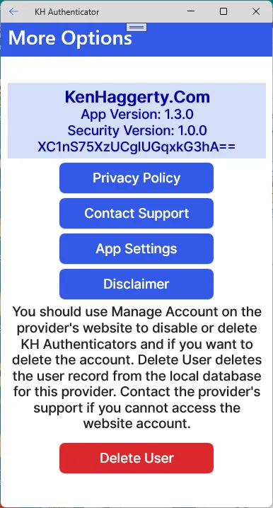More Options page with Privacy Policy button