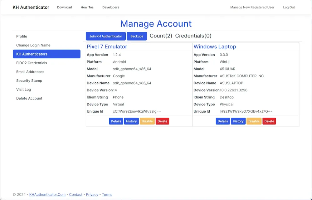 Manage Account - KH Authenticators multiple