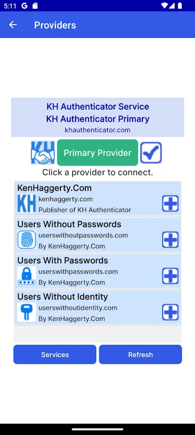 Providers page with Services button